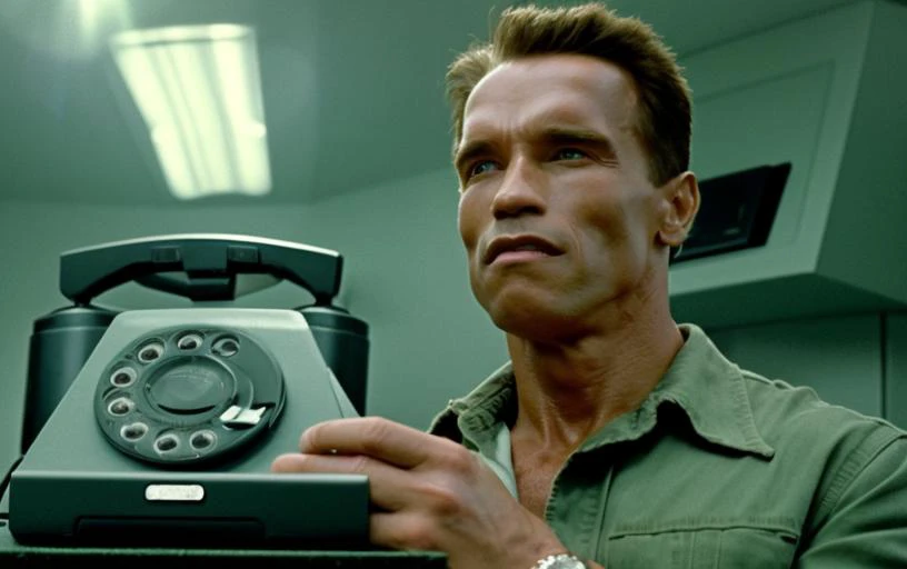 arnold person a science fiction about a ((1980s landline telephone that is possessed by a demon)), film screenshot from the film directed by James Cameron, dramatic, atmosphere, dynamic dramatic cinematic lighting, aesthetic, (angry arnold ), in the movied ass AC unit rapes arnold so he carries the ((fetus of future cell phone made from cords from 1980s telephones)) sports illustrated football phone).