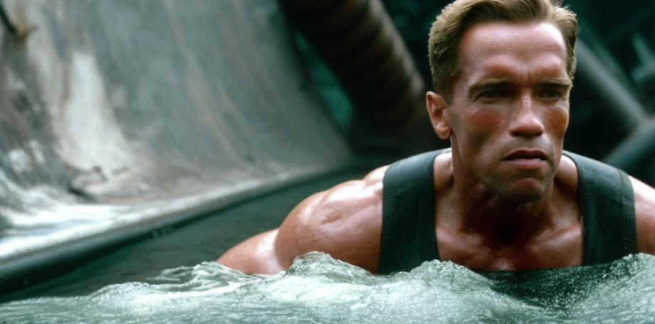 arnold person in a action film about rescuing a lost submarine at the ((site of the Titanic wreckage)). , high quality still, from the moviected by Tim Burton, Hip Level Shot, highly detailed, photorealistic, sci-fi, sharp focus, hollywood blockbuster footage