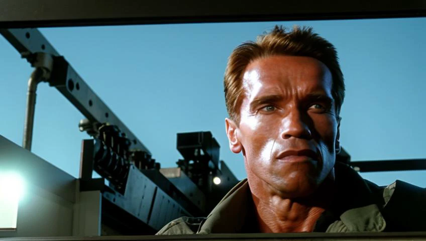 arnold person in a adventure about a post-apocalyptic world where technology is banned . Single-Shot , film screenshot from the film directed by Ground Level Shot, dramatic, atmosphere, dynamic dramatic cinematic lighting, aesthetic, 4k, high quality film, sharp, box office blockbuster