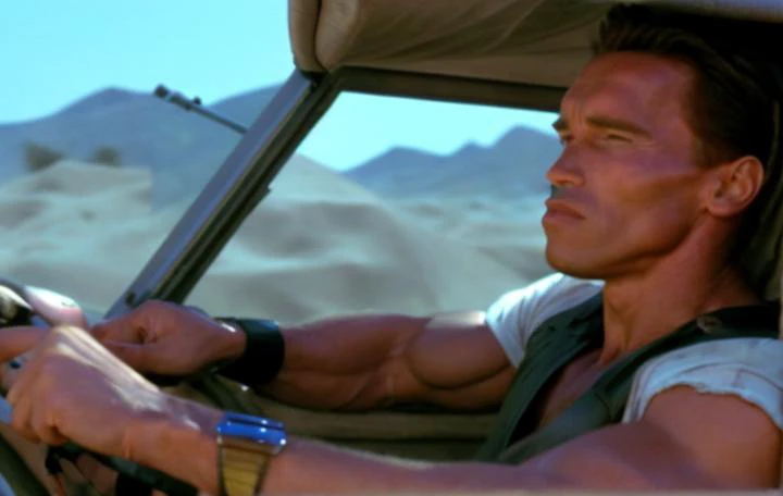 arnold person is driving a dune buggy as seen in the /"Mad Max"/. One arm out the window, laid back, real to fire his machine guns.