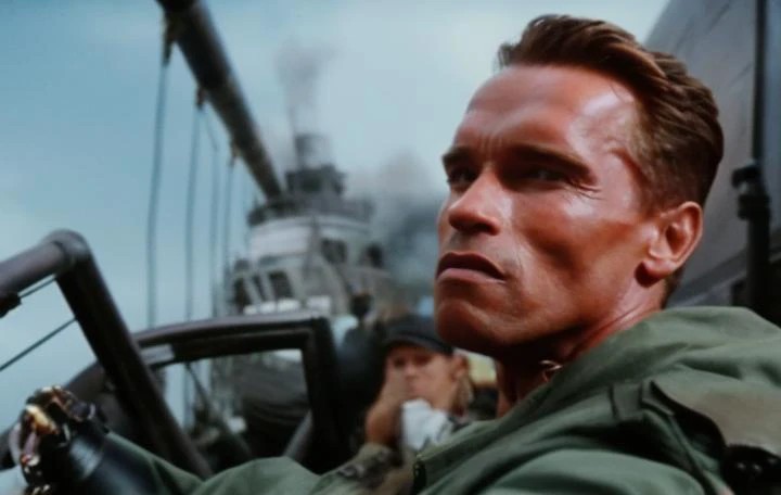 arnold person in a action film about rescuing a lost submarine at the ((site of the Titanic wreckage)). , high quality still, from the moviected by Tim Burton, Hip Level Shot, highly detailed, photorealistic, sci-fi, sharp focus, hollywood blockbuster footage