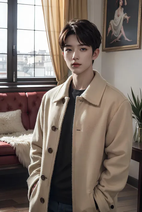 <lora:HandsomeKoreanBoys:0.45>,best quality, masterpiece, (photorealistic:1.4), 1boy, solo, short hair, big eyes, coat,long sleeves, ((upper body)), dramatic lighting, looking at viewer, standing, indoors, living room, tables, carpet, wooden floor, decorations, window, sunshine