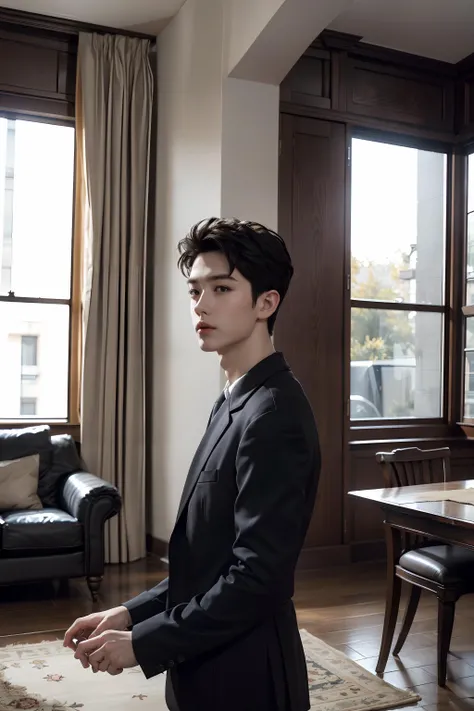 <lora:HandsomeKoreanBoys:0.65>,best quality, masterpiece, (photorealistic:1.4), 1boy, solo, short hair, big eyes, white t-shirt ,long sleeves, upper body, dramatic lighting, looking at viewer,(hands behind back:1.2), standing, indoors, living room, tables, carpet, wooden floor, decorations, window, sunshine