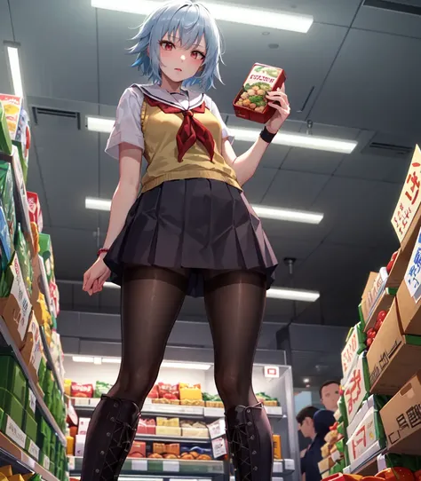 (masterpiece, best quality, high resolution),
1girl, solo, pantyhose, serafuku, school uniform, armband, boots, skirt, sweater vest, black pantyhose, standing, (from below), ((in a crowded supermarket)), (((holding a Bento box))),
<lora:SenYarizui:0.8>