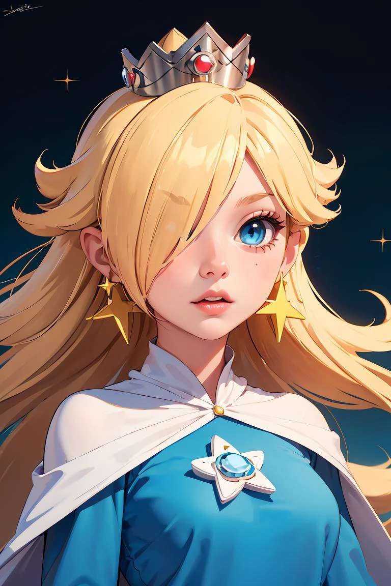 (masterpiece, best quality), 1girl, <lora:rosalina-lora-nochekaiser:1> rosalina, blonde hair, blue eyes, hair over one eye, long hair, blue dress, crown, dress, earrings, jewelry, princess, robe, star earrings,