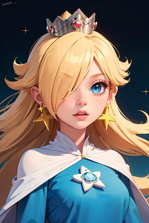 (masterpiece, best quality), 1girl, <lora:rosalina-lora-nochekaiser:1> rosalina, blonde hair, blue eyes, hair over one eye, long hair, blue dress, crown, dress, earrings, jewelry, princess, robe, star earrings,