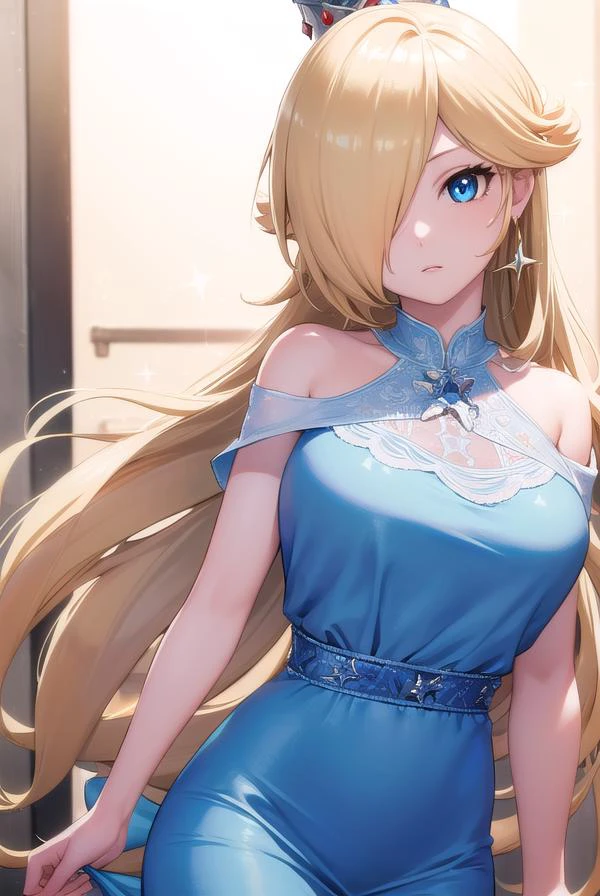 rosalina, <lora:rosalina-lora-nochekaiser:1>,
rosalina, blonde hair, blue eyes, hair over one eye, long hair,
BREAK blue dress, crown, dress, earrings, jewelry, princess, robe, star earrings,
BREAK night, night sky, sky, star \(sky\), star \(symbol\), space, sun,
BREAK looking at viewer, (cowboy shot:1.5),
BREAK <lyco:GoodHands-beta2:1>, (masterpiece:1.2), best quality, high resolution, unity 8k wallpaper, (illustration:0.8), (beautiful detailed eyes:1.6), extremely detailed face, perfect lighting, extremely detailed CG, (perfect hands, perfect anatomy),