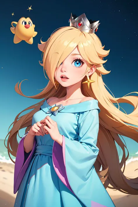 (masterpiece, best quality), 1girl,  <lora:rosalina-lora-nochekaiser:1> rosalina, blonde hair, blue eyes, hair over one eye, long hair, blue dress, crown, dress, earrings, jewelry, princess, robe, star earrings,