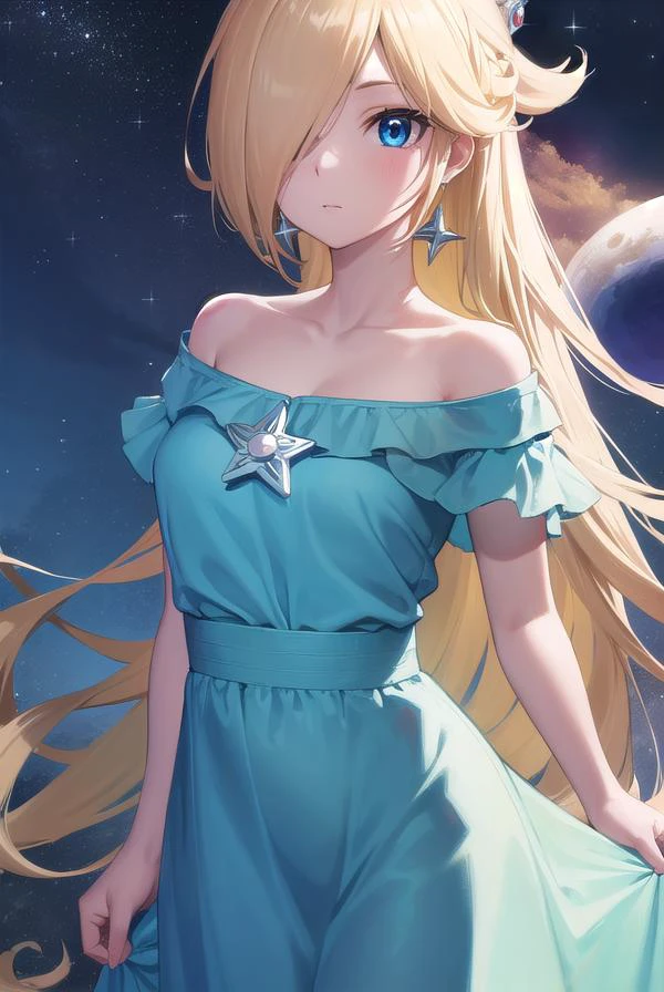 rosalina, <lora:rosalina-lora-nochekaiser:1>,
rosalina, blonde hair, blue eyes, hair over one eye, long hair,
BREAK blue dress, crown, dress, earrings, jewelry, princess, robe, star earrings,
BREAK night, night sky, sky, star \(sky\), star \(symbol\), space, sun,
BREAK looking at viewer, (cowboy shot:1.5),
BREAK <lyco:GoodHands-beta2:1>, (masterpiece:1.2), best quality, high resolution, unity 8k wallpaper, (illustration:0.8), (beautiful detailed eyes:1.6), extremely detailed face, perfect lighting, extremely detailed CG, (perfect hands, perfect anatomy),