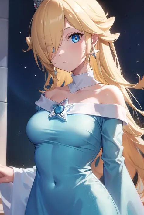 rosalina, <lora:rosalina-lora-nochekaiser:1>,
rosalina, blonde hair, blue eyes, hair over one eye, long hair,
BREAK blue dress, crown, dress, earrings, jewelry, princess, robe, star earrings,
BREAK night, night sky, sky, star \(sky\), star \(symbol\), space, sun,
BREAK looking at viewer, (cowboy shot:1.5),
BREAK <lyco:GoodHands-beta2:1>, (masterpiece:1.2), best quality, high resolution, unity 8k wallpaper, (illustration:0.8), (beautiful detailed eyes:1.6), extremely detailed face, perfect lighting, extremely detailed CG, (perfect hands, perfect anatomy),