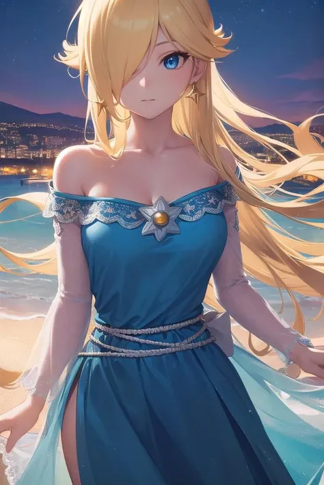 rosalina, <lora:rosalina-lora-nochekaiser:1>, 
rosalina, blonde hair, blue eyes, hair over one eye, long hair,
BREAK blue dress, crown, dress, earrings, jewelry, princess, robe, star earrings,
BREAK night, night sky, sky, star \(sky\), star \(symbol\), space, sun,
BREAK looking at viewer, (cowboy shot:1.5),
BREAK <lyco:GoodHands-beta2:1>, (masterpiece:1.2), best quality, high resolution, unity 8k wallpaper, (illustration:0.8), (beautiful detailed eyes:1.6), extremely detailed face, perfect lighting, extremely detailed CG, (perfect hands, perfect anatomy),