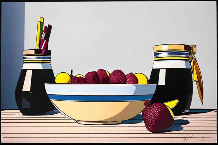 art by patrick nagel <lyco:diffusiondesign_Nagel_LoCon_1.13:1.0>, beautiful tablescape, focus on a ceramic jar, 1980s, featured on pixiv, best quality, ultra detailed, high quality, film grain, award winning, masterpiece, perfect composition, golden ration, bowl of fruit, 80s kitchen