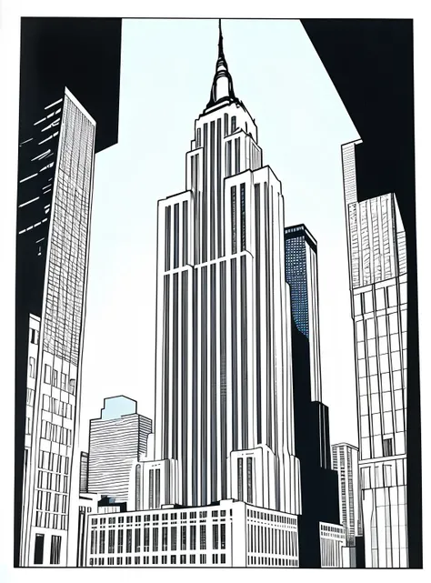 art by patrick nagel <lyco:diffusiondesign_Nagel_LoCon_1.13:1.0>, A low angle view of the Empire State Building, towering majestically, sharp lines, bold contrast, 1980s, featured on pixiv, best quality, ultra detailed, high quality, film grain, award winning, masterpiece, perfect composition