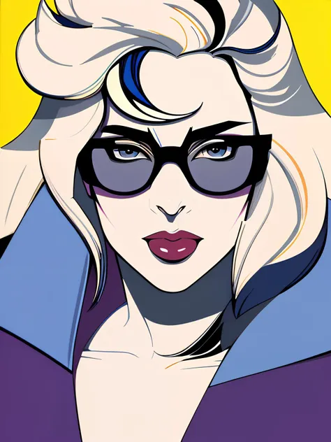 art by patrick nagel <lyco:diffusiondesign_Nagel_LoCon_1.13:1.0>, portrait of (lady gaga), 1980s, featured on pixiv, best quality, ultra detailed, high quality, film grain, award winning, blonde, wearing versace sunglasses