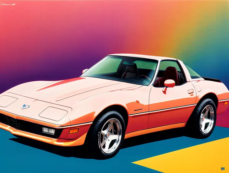 art by patrick nagel <lyco:diffusiondesign_Nagel_Lora_1.13:1.0>, red 1981 1982 chevrolet corvette, 1980s, featured on pixiv, best quality, ultra detailed, high quality, film grain, award winning, striped purple background