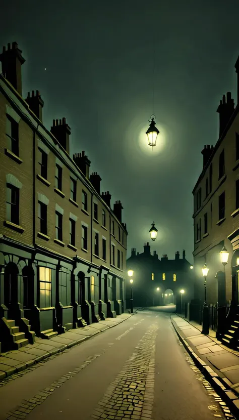 <lora:Everly_Heights_Backgrounds_New_Settings:.7> A Victorian London street at night during the Industrial Revolution with horror overtones.