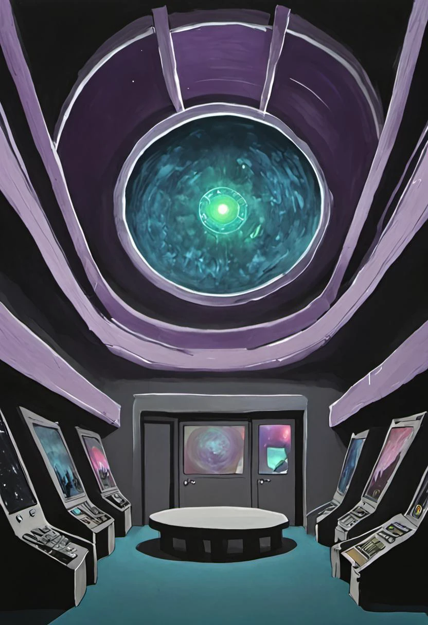 a painting of the underground headquarters of the multiverse task force known as WEIRDE, night