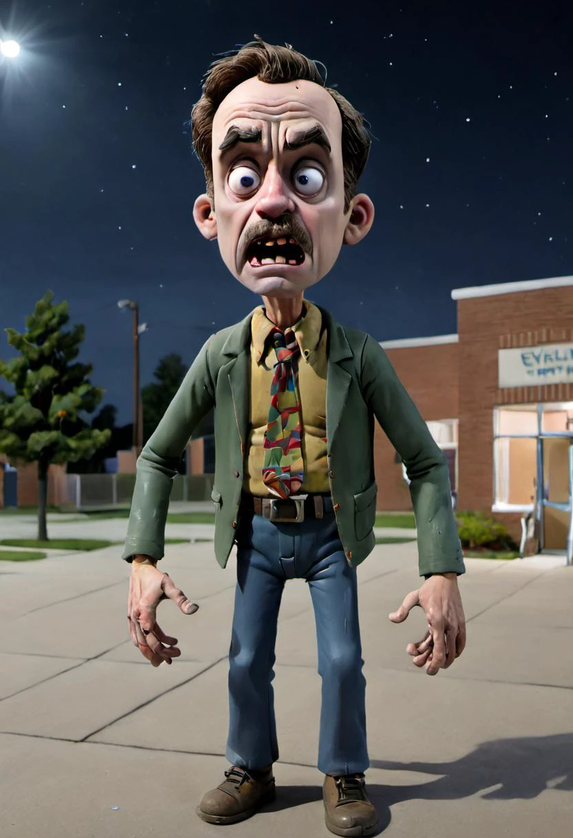 A startled-looking BillMatheson man is set against a backdrop of the EVERLY HEIGHTS COMMUNITY CENTER at night. <lora:CLAYMATE_V2.03_:1>