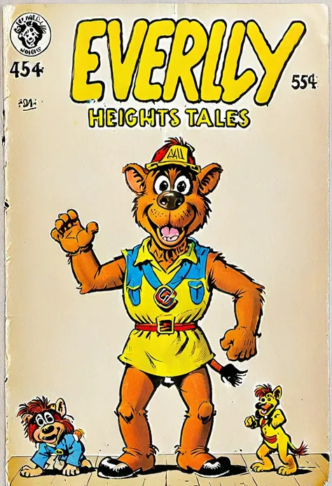<lora:wizards_vintage_comics-Undergroundf16:1> Vintage comic book with (title text: "EVERLY HEIGHTS TALES":1.2). a character sheet of a ALF.