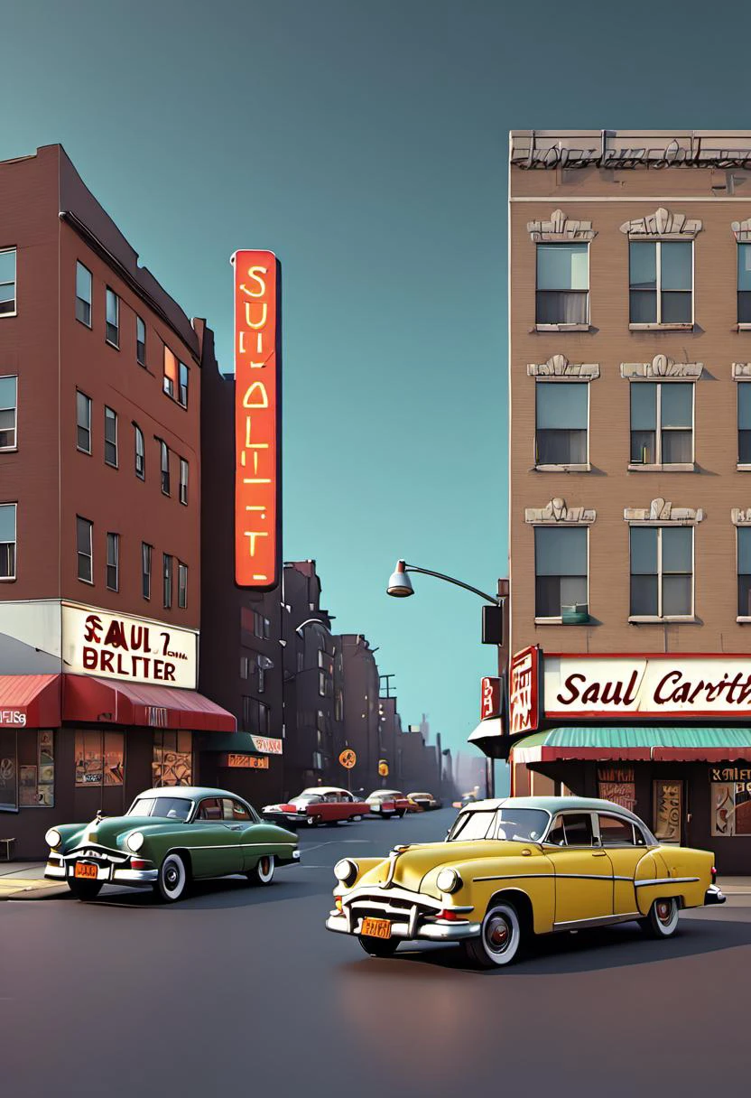 Street photography style of a 1990s urban city block, with vintage cars, fashion styles, and neon signage, inspired by the works of Saul Leiter and Henri Cartier-Bresson, cinematic composition, trending on artstation.
