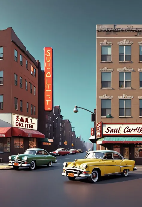 Street photography style of a 1990s urban city block, with vintage cars, fashion styles, and neon signage, inspired by the works of Saul Leiter and Henri Cartier-Bresson, cinematic composition, trending on artstation.