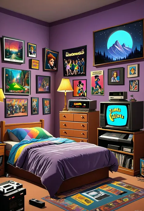 Digital art style of a 1990s teenager's bedroom, complete with band posters, a CRT television, and a Nintendo console, inspired by the vibrant and detailed works of Thomas Kinkade and Chuck Close, cinematic composition, trending on artstation.