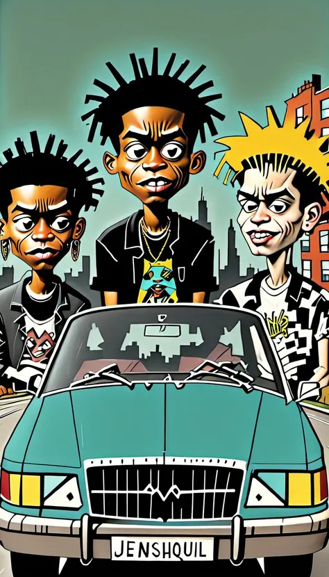 <lora:Everly Heights Comics:1> a group of 1990s friends sitting on the hood of a vintage car, sharing stories, with a city skyline in the background, inspired by the works of Jean-Michel Basquiat and Edward Hopper, cinematic composition.