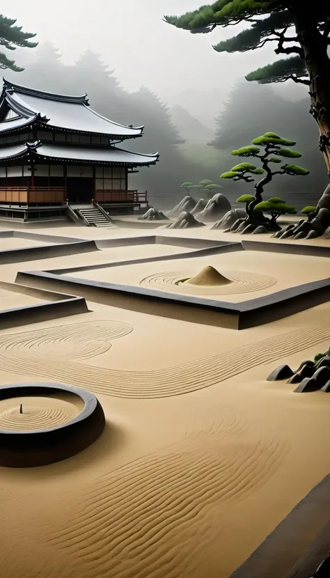 <lora:Everly_Heights_Backgrounds_New_Settings:.5> A serene misty Zen garden in medieval Japan with perfectly raked sand.