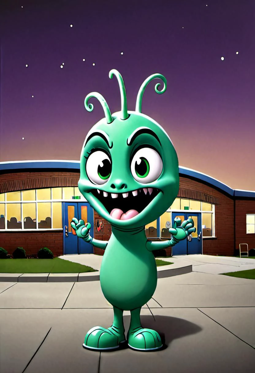 A startled-looking EVERLY HEIGHTS EARWORMS mascot is set against a backdrop of the EVERLY HEIGHTS COMMUNITY CENTER at night. <lora:badquality_v02:1>