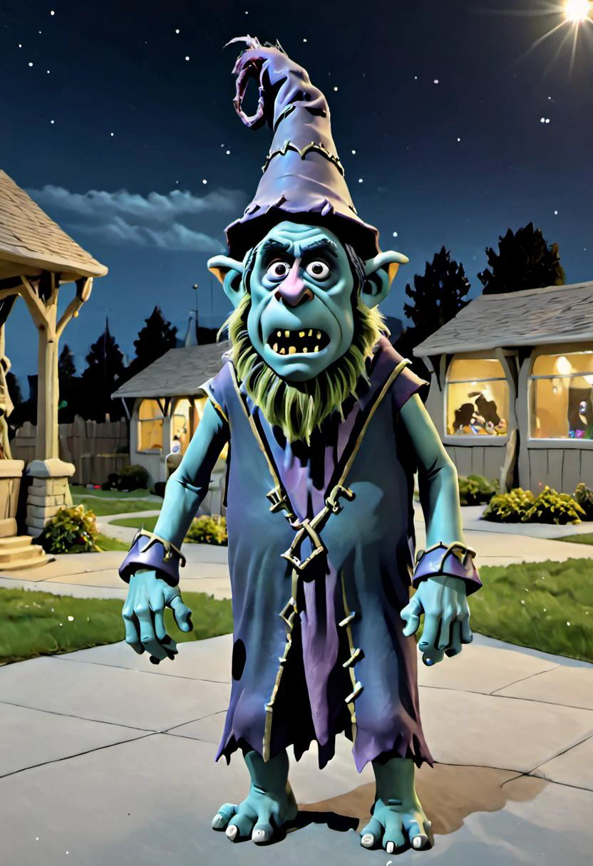 A startled-looking Dark Troll Wizard is set against a backdrop of the EVERLY HEIGHTS COMMUNITY CENTER at night. <lora:CLAYMATE_V2.03_:1>