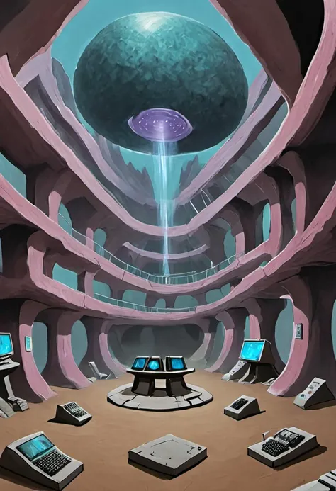 a painting of the underground headquarters of the multiverse task force known as WEIRDE, day