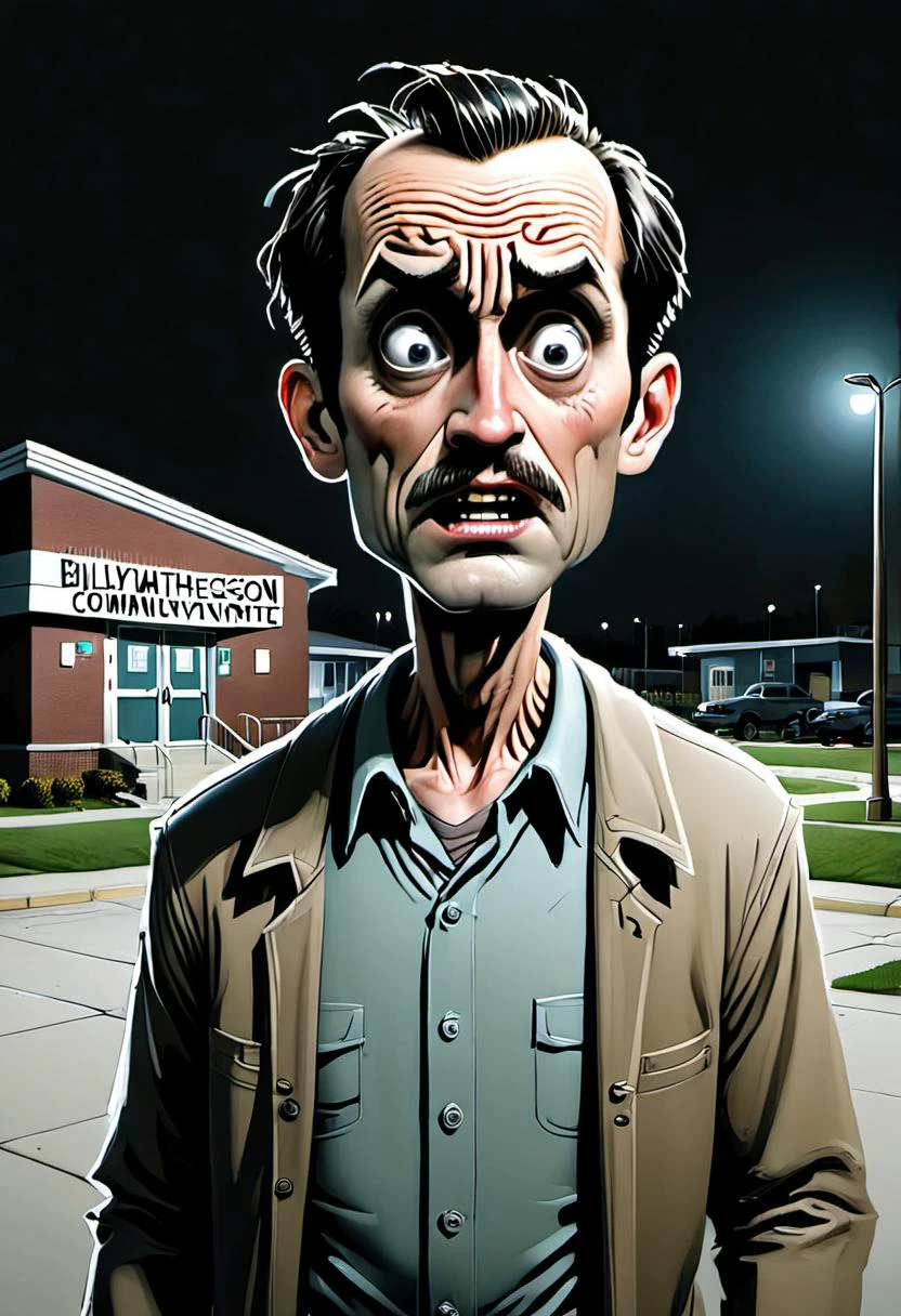 A startled-looking BillMatheson man is set against a backdrop of the EVERLY HEIGHTS COMMUNITY CENTER at night.  <lora:dvr-txt:1>