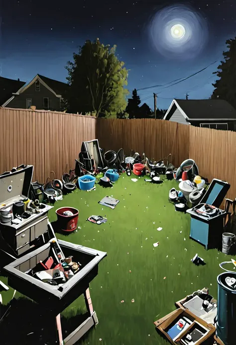 a painting of a suburban backyard filled with junk, night