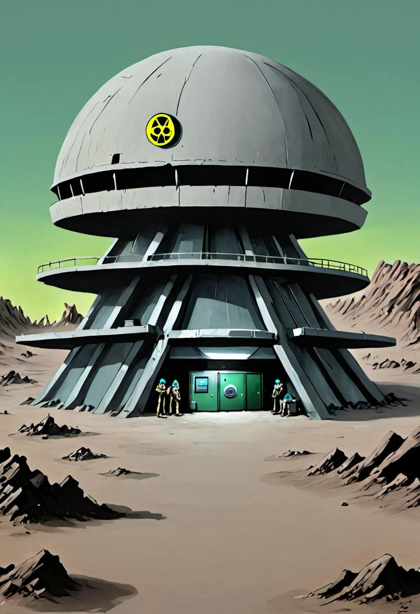 a painting of the underground headquarters of the multiverse task force known as WEIRDE, in a nuclear wasteland