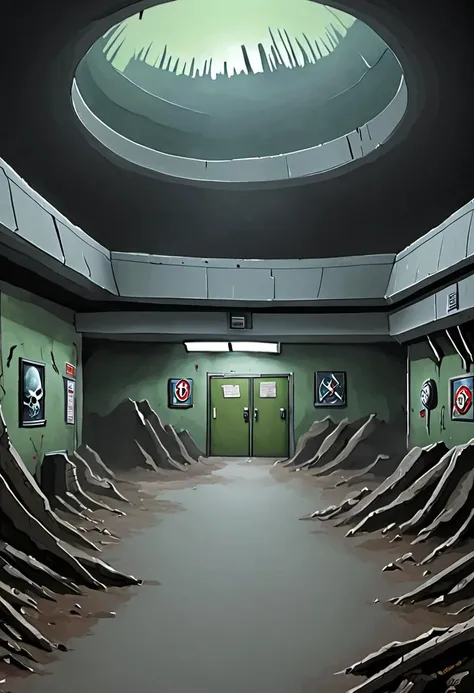 a painting of the underground headquarters of the multiverse task force known as WEIRDE, after the zombie apocalypse