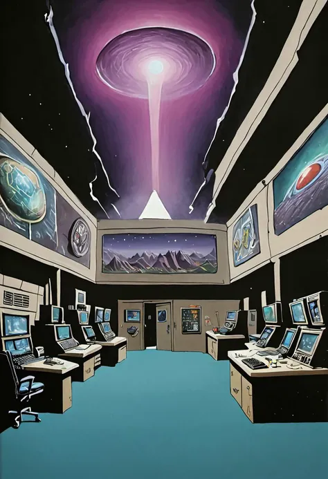 a painting of the underground headquarters of the multiverse task force known as WEIRDE, the day it was built in 1982