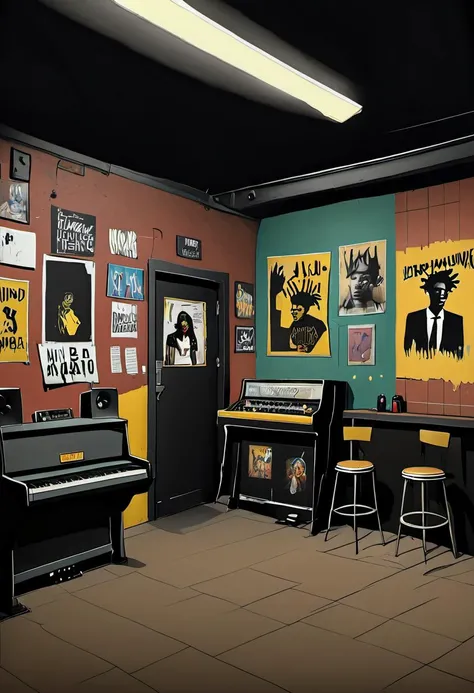 Grunge aesthetic of a 1990s underground music venue, with band posters plastered on the walls and a live band on stage, inspired by the works of Edward Hopper and Jean-Michel Basquiat, cinematic composition, trending on artstation.