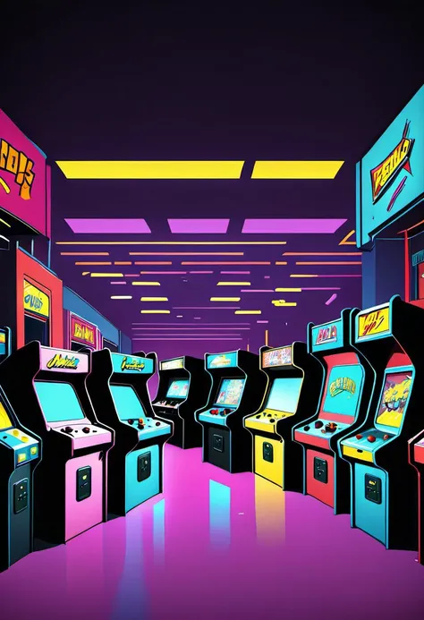 Pop Art style of a bustling 1990s arcade, with vibrant neon lights and classic video game cabinets, cinematic composition, trending on artstation.