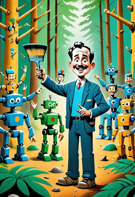 A BillMatheson man joyfully waves a paintbrush filled with vibrant paint surrounded by a group of animated robotic figures in a forest setting.