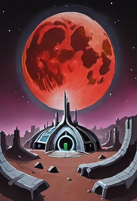 a painting of the underground headquarters of the multiverse task force known as WEIRDE, under a blood moon