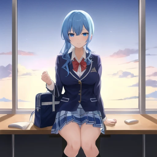 Hoshimachi suisei , star_in_eye, blue_eyes, blue_hair, school, school uniform, masterpiece, high quality, highres, 1girl, solo,