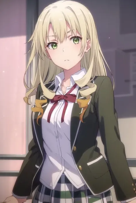 yumikomiura, <lora:yumiko miura s2s3-lora-nochekaiser:1>, 
yumiko miura, long hair, blonde hair, (green eyes:1.3), drill hair,
BREAK skirt, ribbon, school uniform, jacket, black jacket, plaid, plaid skirt, blazer, sobu high school uniform,
BREAK indoors, classroom,
BREAK looking at viewer, (cowboy shot:1.5),
BREAK <lyco:GoodHands-beta2:1>, (masterpiece:1.2), best quality, high resolution, unity 8k wallpaper, (illustration:0.8), (beautiful detailed eyes:1.6), extremely detailed face, perfect lighting, extremely detailed CG, (perfect hands, perfect anatomy),