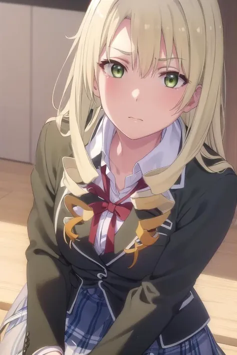 yumikomiura, <lora:yumiko miura s2s3-lora-nochekaiser:1>, 
yumiko miura, long hair, blonde hair, (green eyes:1.3), drill hair,
BREAK skirt, ribbon, school uniform, jacket, black jacket, plaid, plaid skirt, blazer, sobu high school uniform,
BREAK indoors, classroom,
BREAK looking at viewer, (cowboy shot:1.5),
BREAK <lyco:GoodHands-beta2:1>, (masterpiece:1.2), best quality, high resolution, unity 8k wallpaper, (illustration:0.8), (beautiful detailed eyes:1.6), extremely detailed face, perfect lighting, extremely detailed CG, (perfect hands, perfect anatomy),