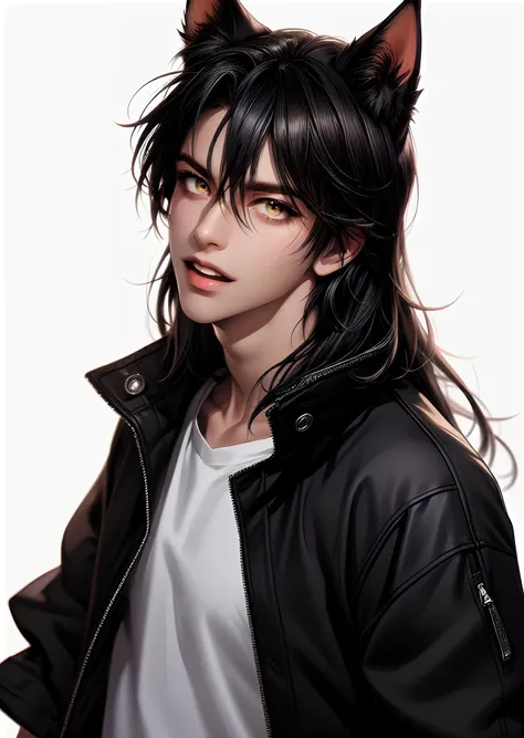 (masterpiece,best quality,ultra_detailed,highres,absurdres),1boy,male, black hair, cat ears, wild, handsome, stubble, sharp eyes, double teeth, dark skin, anime style vagabond, animal ears, solo, dark-skinned male, male focus, jewelry, dark skin,yellow eyes, looking at viewer, white background, simple background, black hair, smile, hair between eyes, bracelet, open mouth, long hair, jackal ears, upper body,  <lora:kr-maleface-i2-000006:0.7>, (jacket:1.1),  (subject look up:1.2), high-angle view, (dynamic angle:1.2)