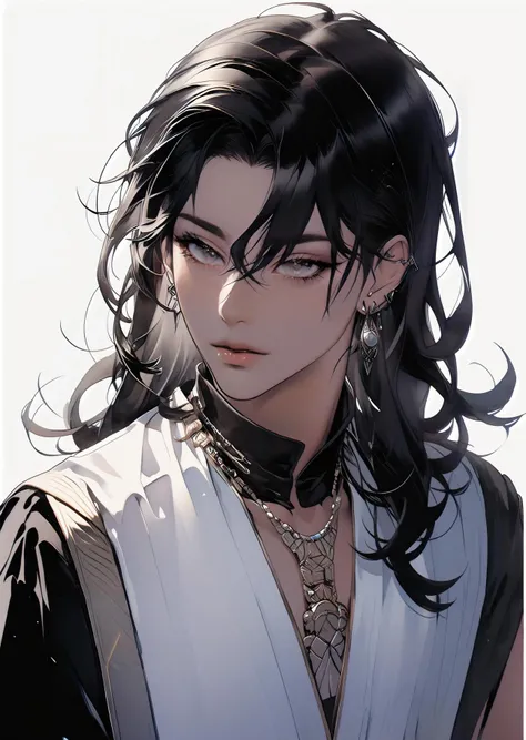(masterpiece,best quality,ultra_detailed,highres,absurdres),(watercolor:1.1),1boy, male focus, solo, jewelry, dark-skinned male, egyptian clothes, dark skin, black hair, earrings, looking at viewer, simple background, black eyes, white background, bangs, upper body, hair between eyes,<lora:kr-maleface-i2-000006:0.8>