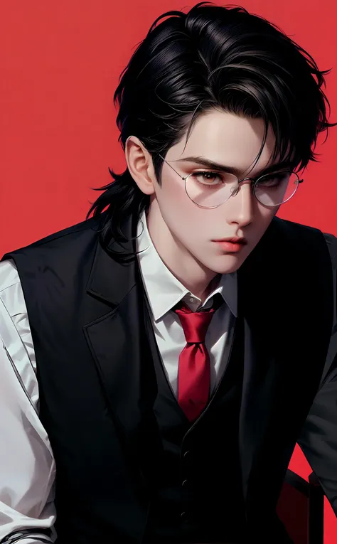 (masterpiece,best quality,ultra_detailed,highres,absurdres),1boy, male focus,solo, black long hair,(glasses:1.1), shirt, black necktie, necktie, simple background, upper body, vest, short hair,parted lips, collared shirt, round eyewear, long sleeves,hand on own shoulder, black shirt, red background, brown vest, jewelry <lora:kr-maleface-i2-000006:0.8>, (looking away:1.2)