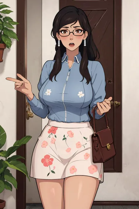 (masterpiece, best quality:1.2), <lora:cummybender:1>, cummybender, 1girl, breasts, solo, glasses, black hair, large breasts, brown eyes, skirt, blush, bag, handbag, door, floral print, open mouth, curvy, plant, looking at viewer, rimless eyewear, mature female