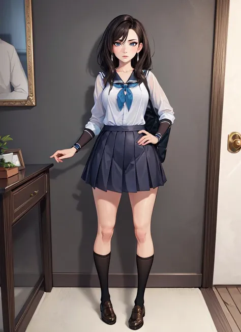 ((best quality)), ((highly detailed)), masterpiece, absurdres, extremely detailed face, beautiful face, (detailed eyes, deep eyes), (1girl), full body, <lora:hairdetailer:.8>, schoolgirl, (indoors, at an entryway), <lora:cummybender:.8>, cummybender
