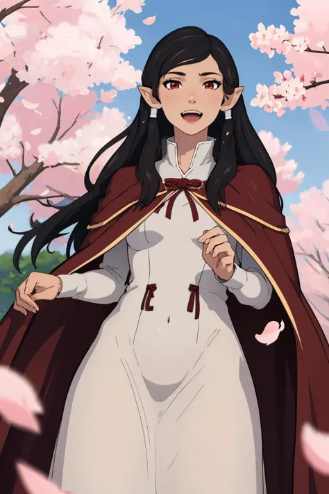 (masterpiece, best quality:1.2), <lora:cummybender:1>, cummybender, 1girl, solo, red eyes, black hair, vampire, long hair, cape, open mouth, cherry blossoms, pointy ears, smile, petals