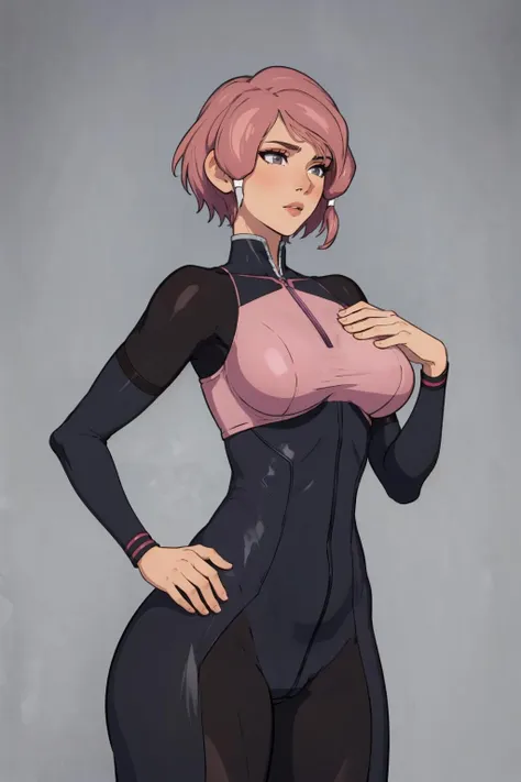 (masterpiece, best quality:1.2), <lora:cummybender:1>, cummybender, 1girl, solo, breasts, bodysuit, large breasts, pink hair, skin tight, short hair, simple background, grey background, lips